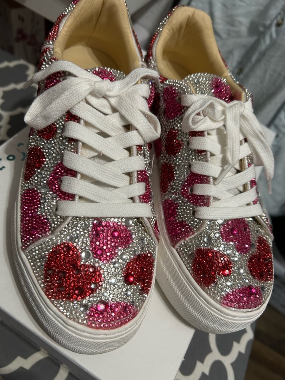 Betsey Johnson Silver Sneakers with Pink and Red Rhinestone Hearts